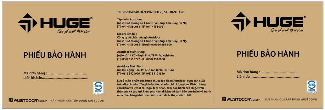 Mẫu phiếu bảo hành chính hãng cửa gỗ Huge